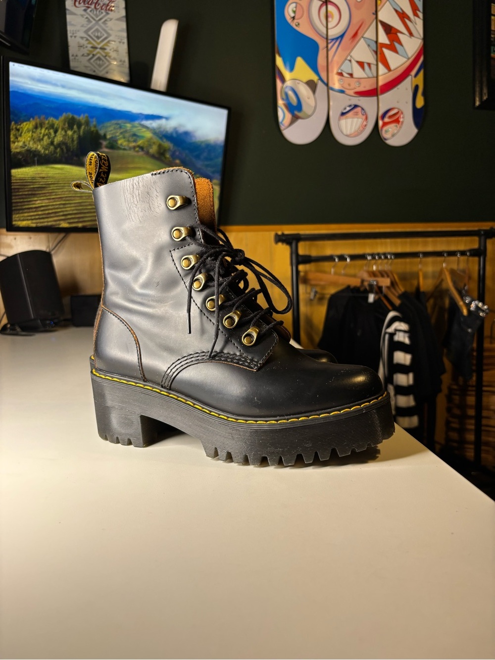 Martens Leona black leather lace-up platform boot chunky heel brass hardware  8L